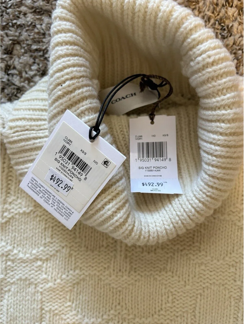 Coach Signature Rare Ivory Wool Blend Poncho Sweater Turtleneck Size XS/S $498